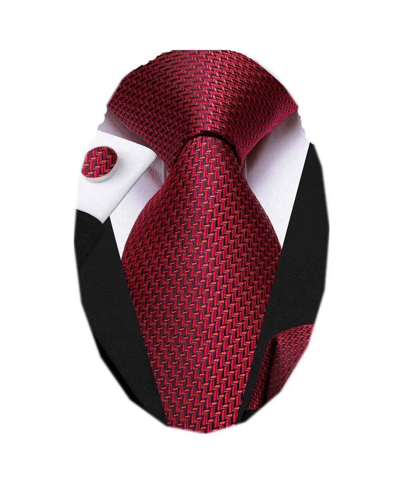 Dubulle Mens Paisley Floral Silk Tie for Men Black Red Striped Necktie and Pocket Square Cufflinks Set Wedding Business - Image 1